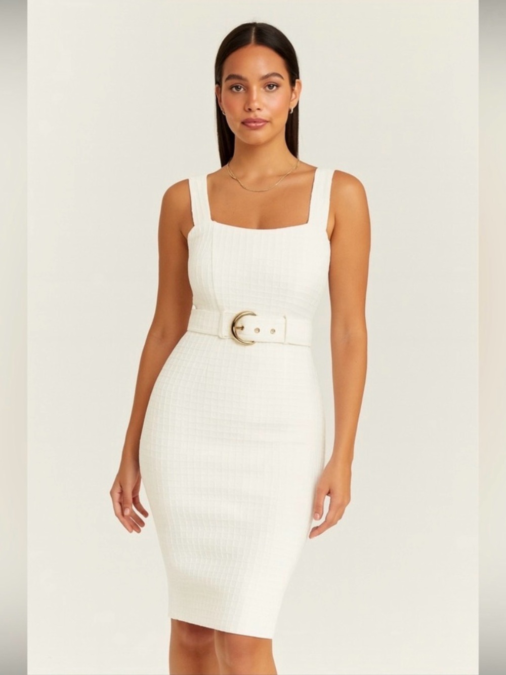 Premier Amour Ivory Square-Neck Midi Dress with Gold Buckle NWOT